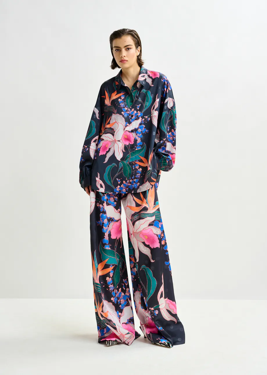 Black and multicolor oversized shirt with pleated cuffs