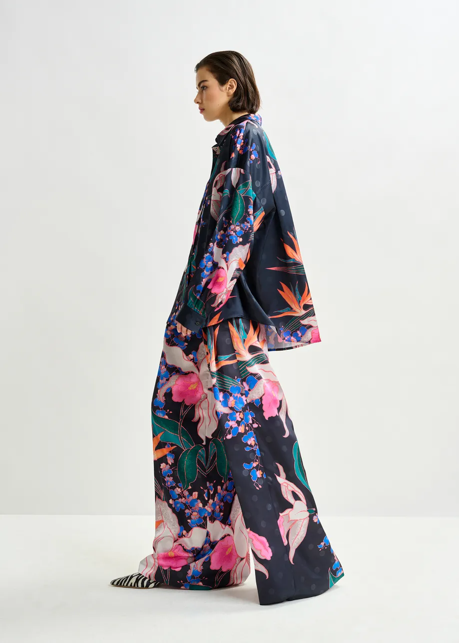 Black and multicolor oversized shirt with pleated cuffs