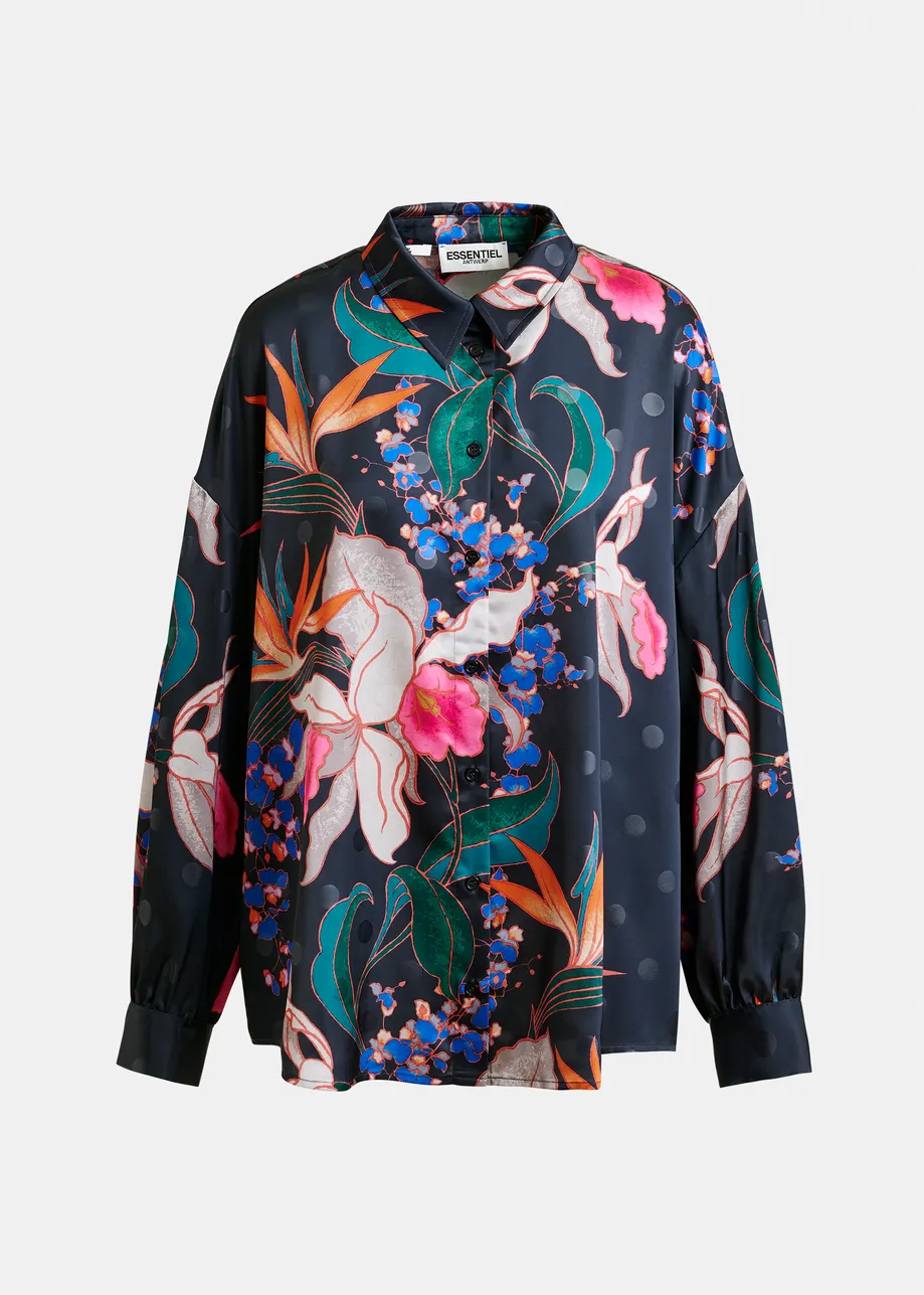 Black and multicolor oversized shirt with pleated cuffs
