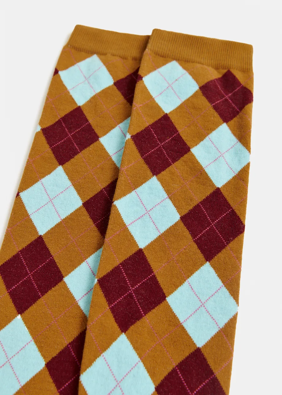 Brown, light blue and burgundy knee-length check-motif socks