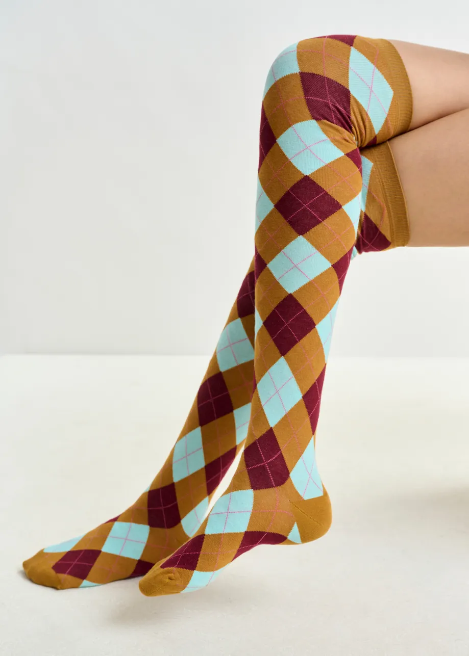 Brown, light blue and burgundy knee-length check-motif socks