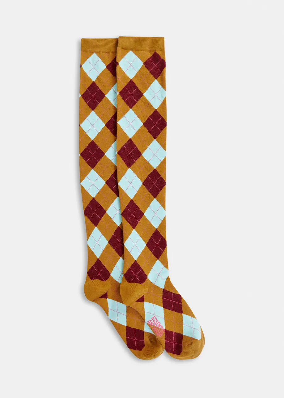 Brown, light blue and burgundy knee-length check-motif socks