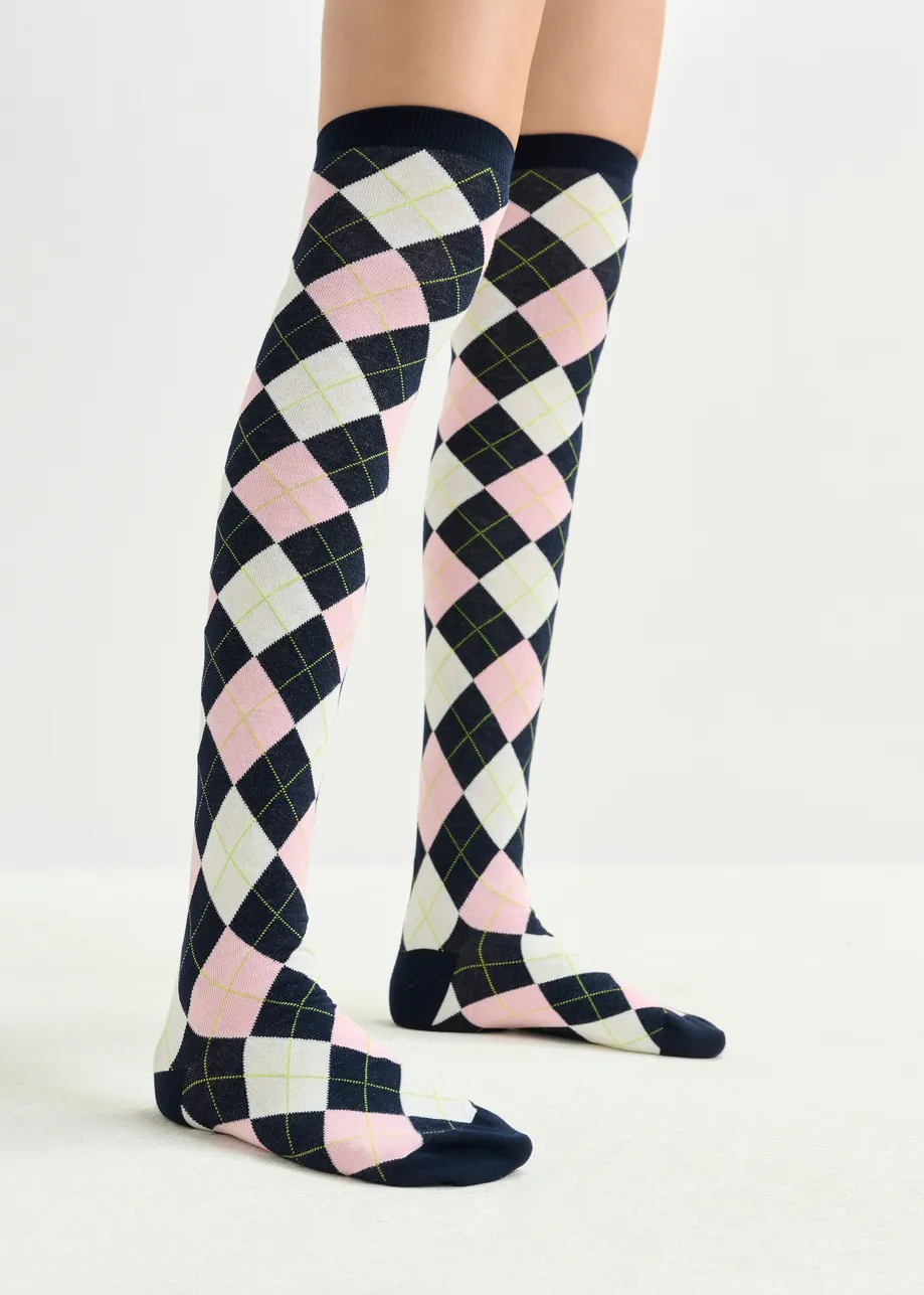 Chaussettes de genou à carreaux bleu marine, bleu clair et rose clair
