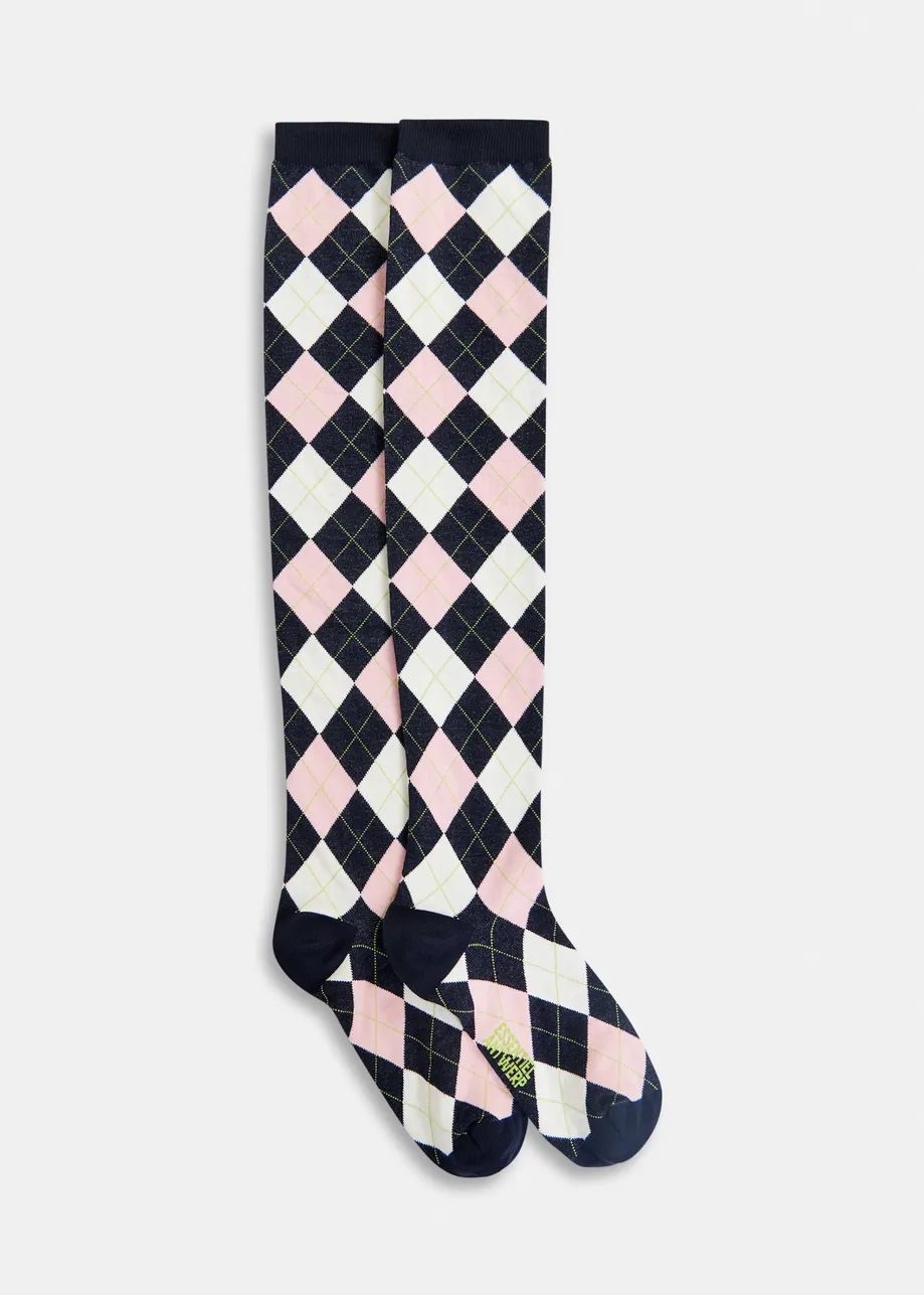 Chaussettes de genou à carreaux bleu marine, bleu clair et rose clair