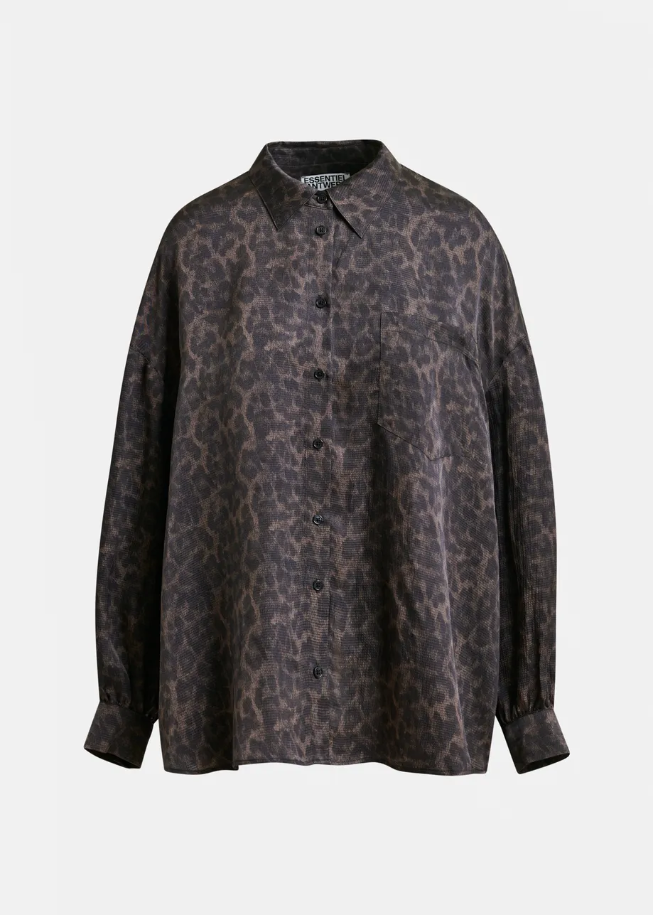 Camicia marrone e nera oversize con stampa leopardata e volant