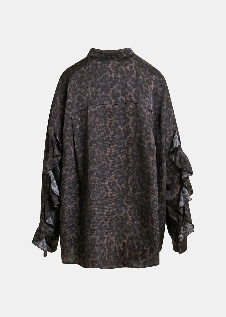 Brown and black ruffle-trimmed oversized leopardprint shirt