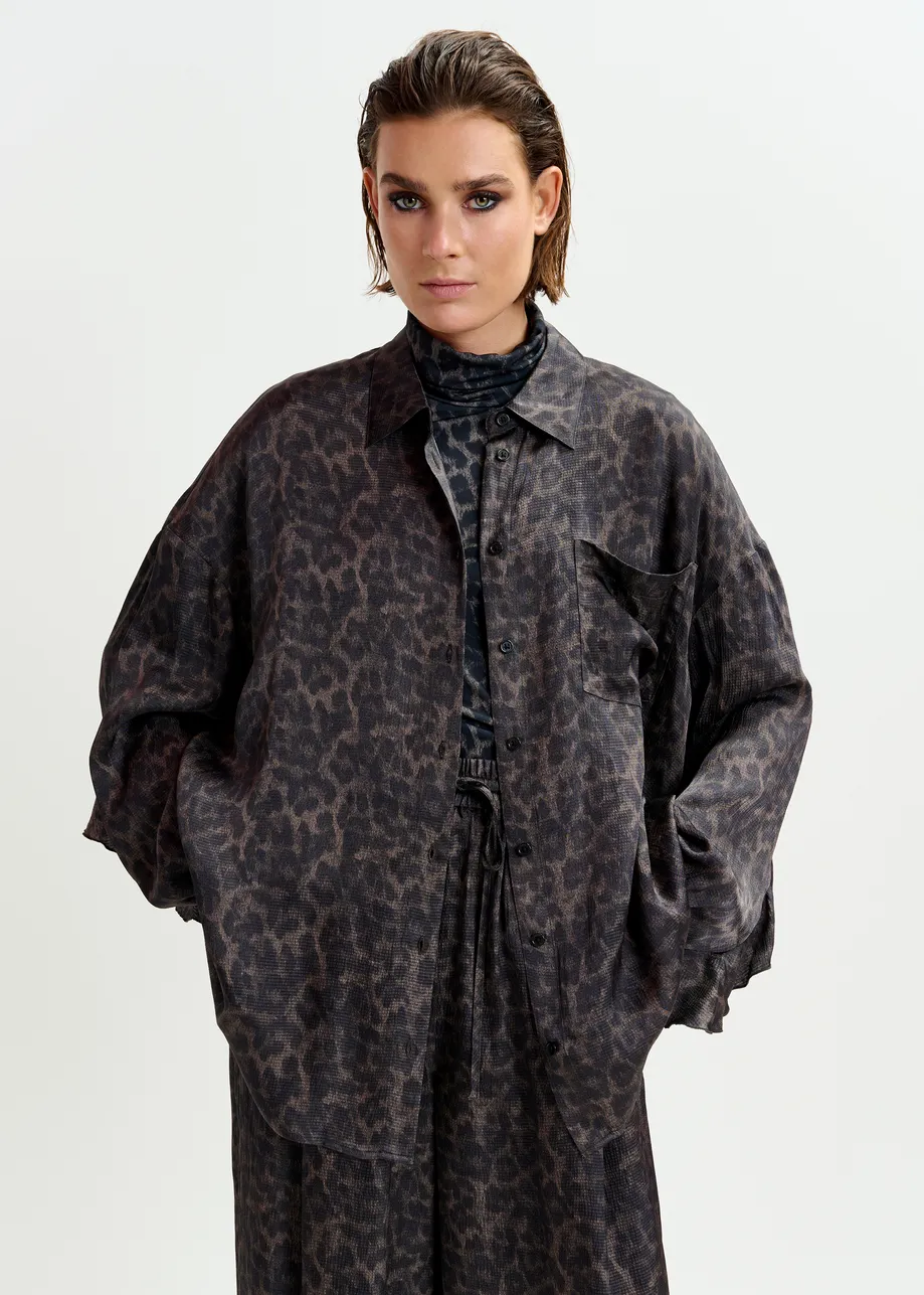 Brown and black ruffle-trimmed oversized leopardprint shirt
