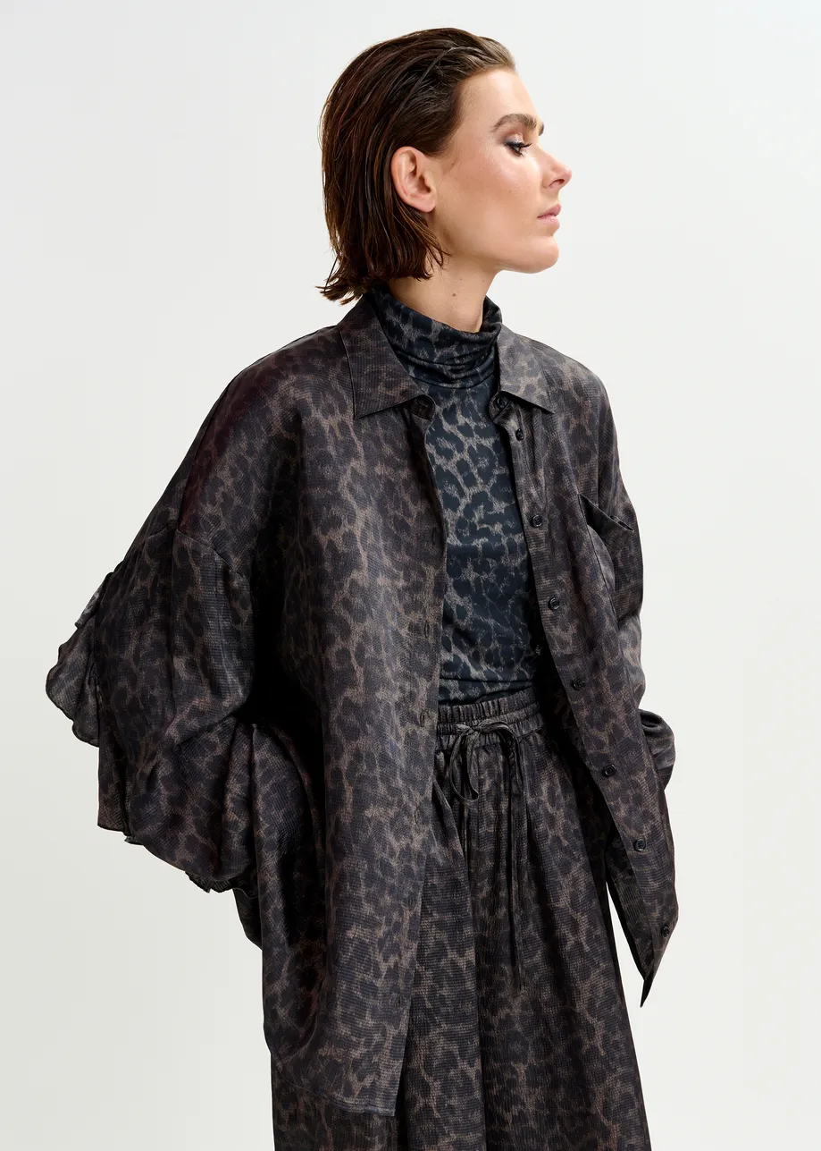 Brown and black ruffle-trimmed oversized leopardprint shirt