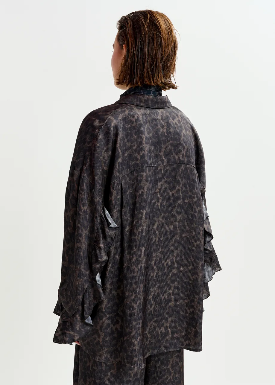 Brown and black ruffle-trimmed oversized leopardprint shirt