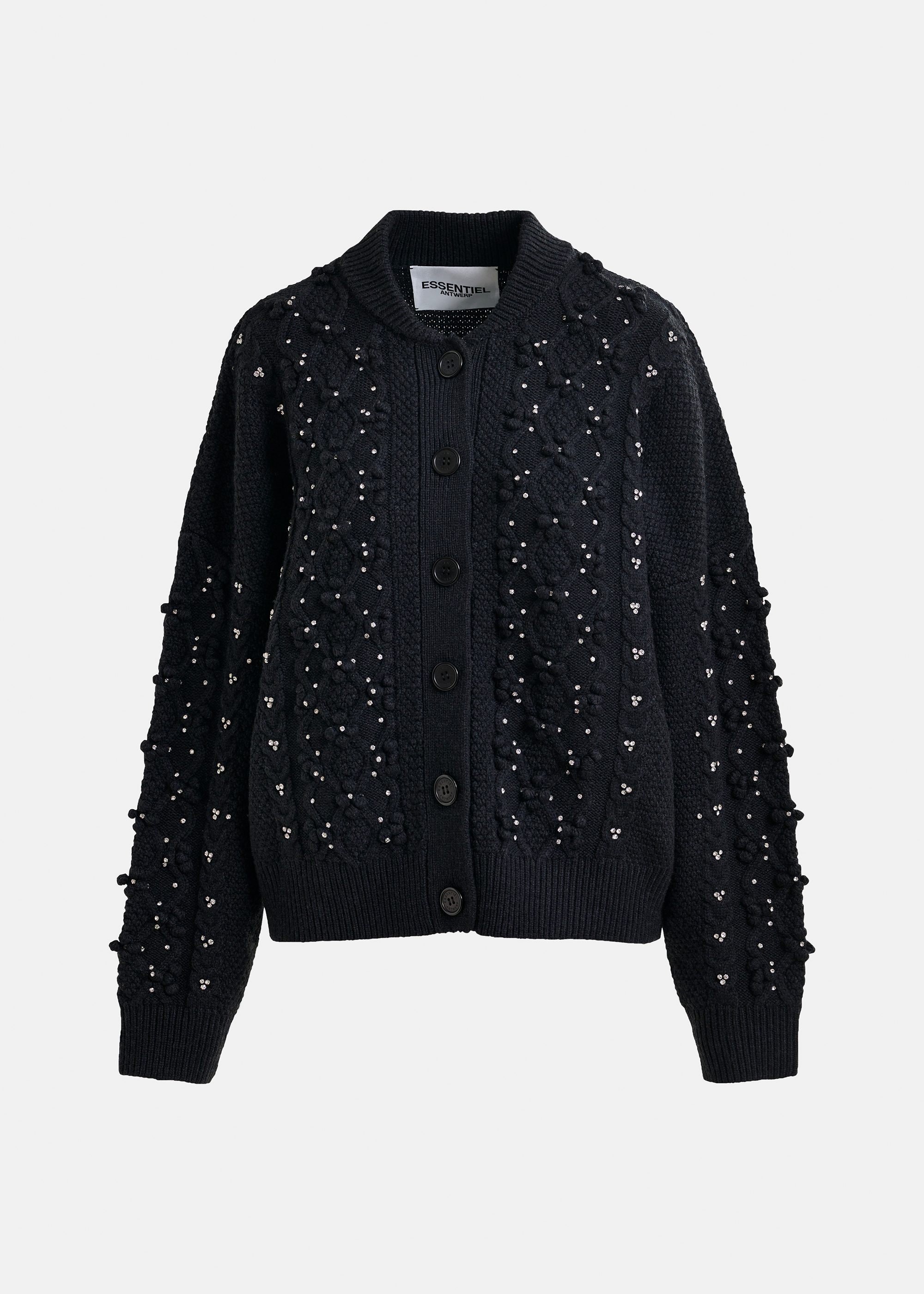 Black cable-knit wool-blend cardigan with rhinestone