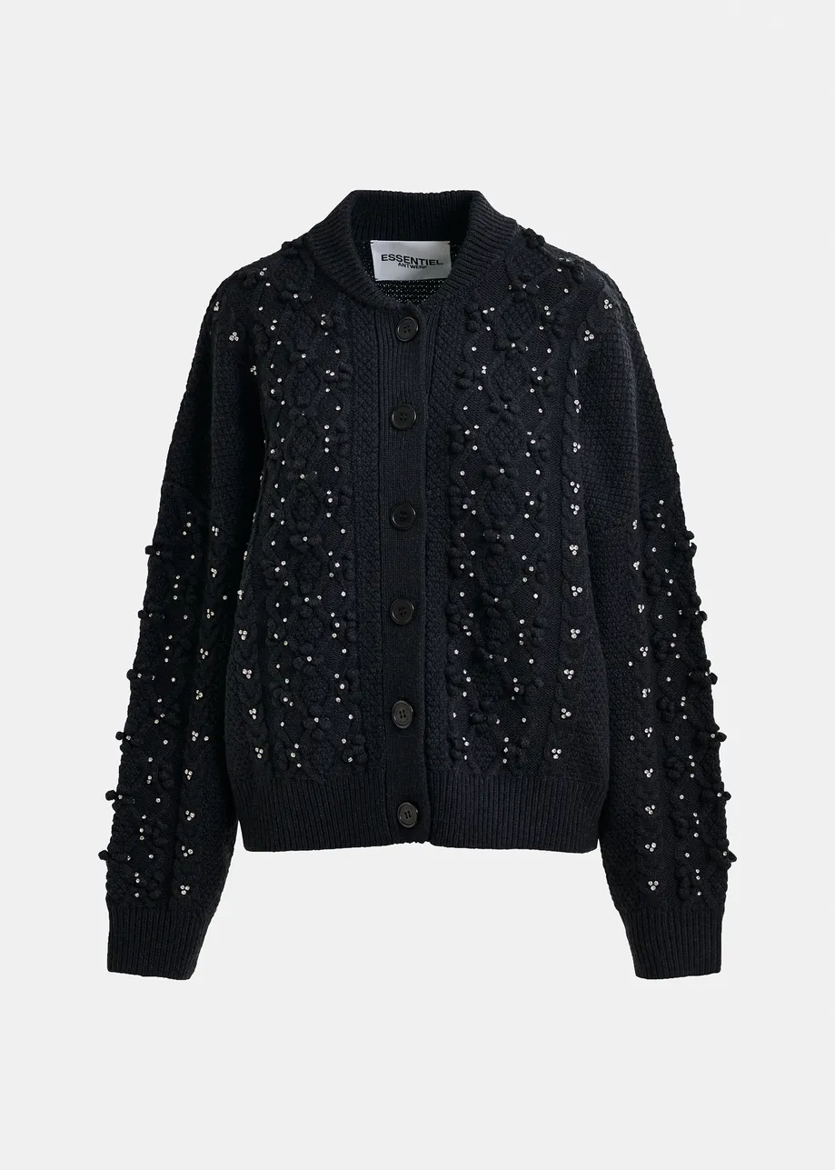 Black cable-knit wool-blend cardigan with rhinestone embellishments
