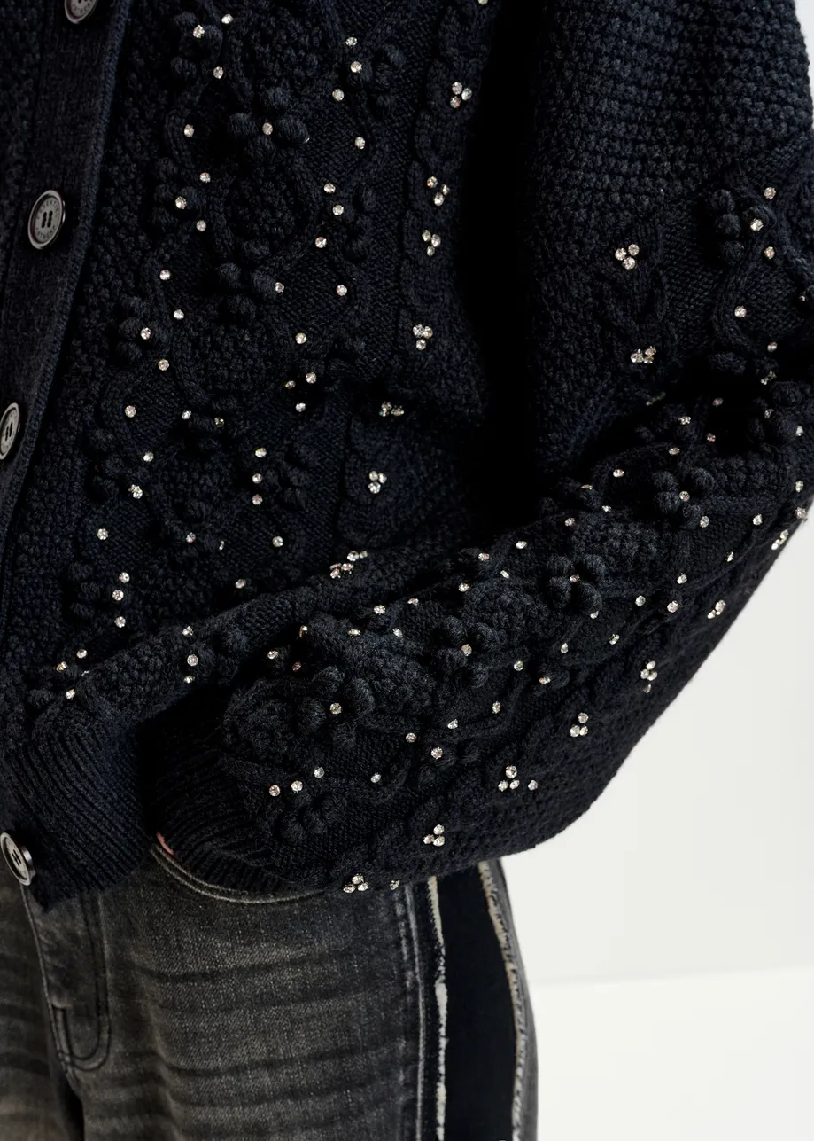 Black cable-knit wool-blend cardigan with rhinestone embellishments