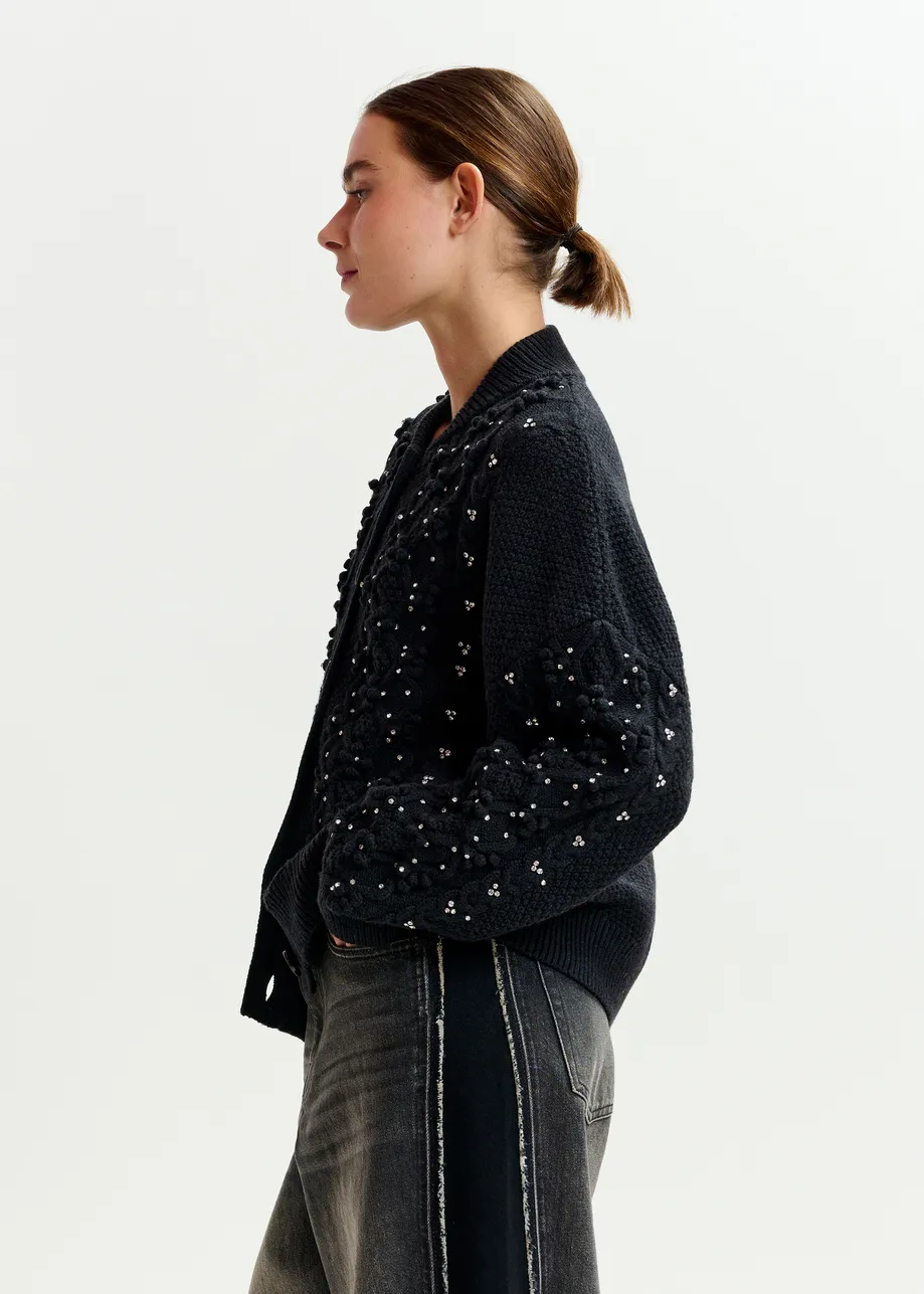 Black cable-knit wool-blend cardigan with rhinestone embellishments