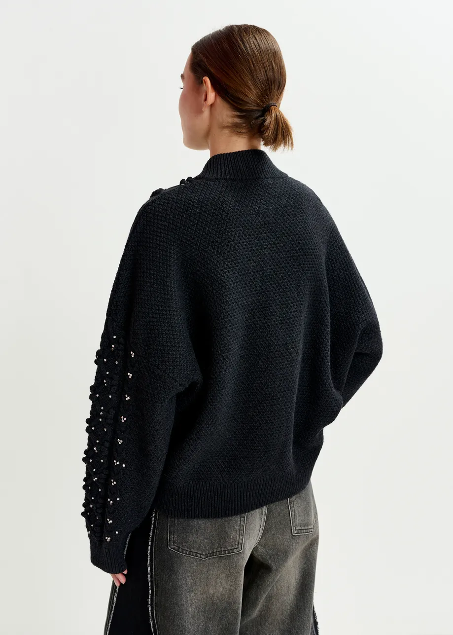Black cable-knit wool-blend cardigan with rhinestone embellishments