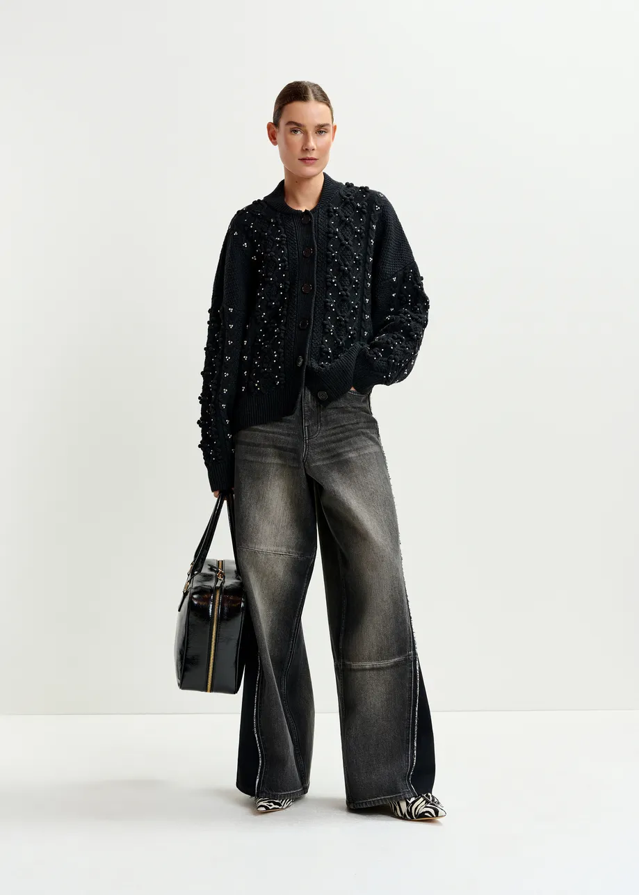 Black cable-knit wool-blend cardigan with rhinestone embellishments