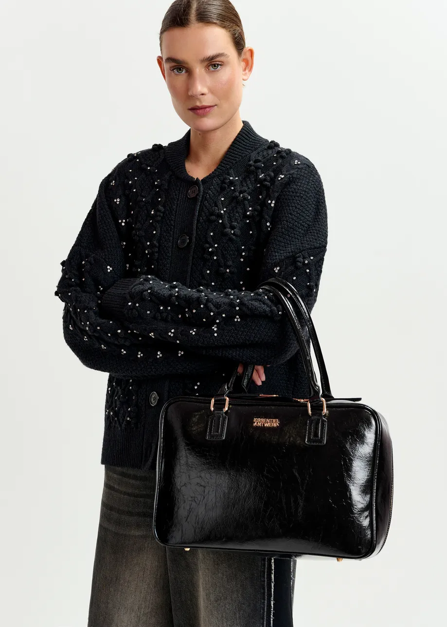 Black cable-knit wool-blend cardigan with rhinestone embellishments