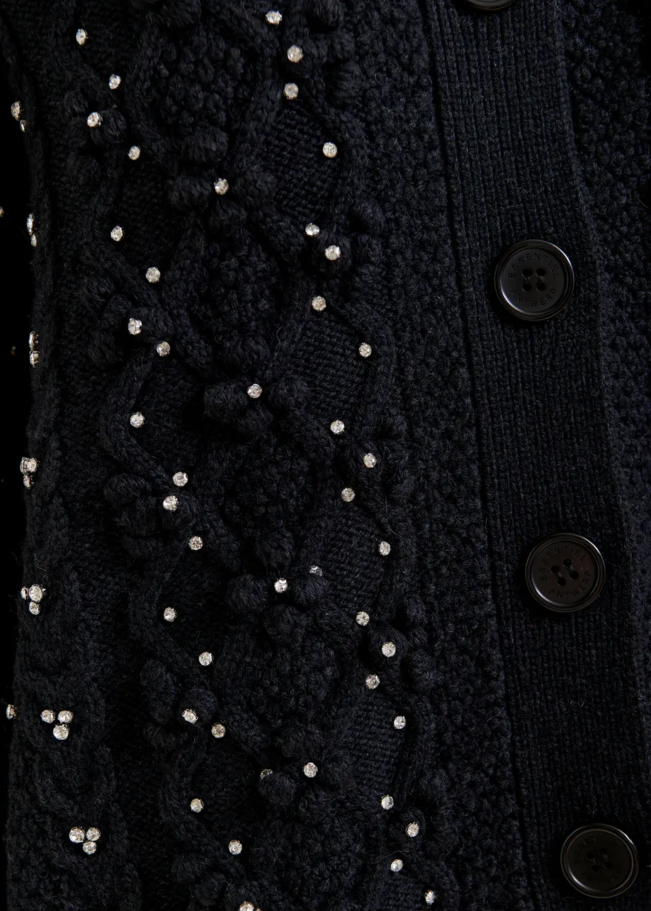 Black cable-knit wool-blend cardigan with rhinestone embellishments