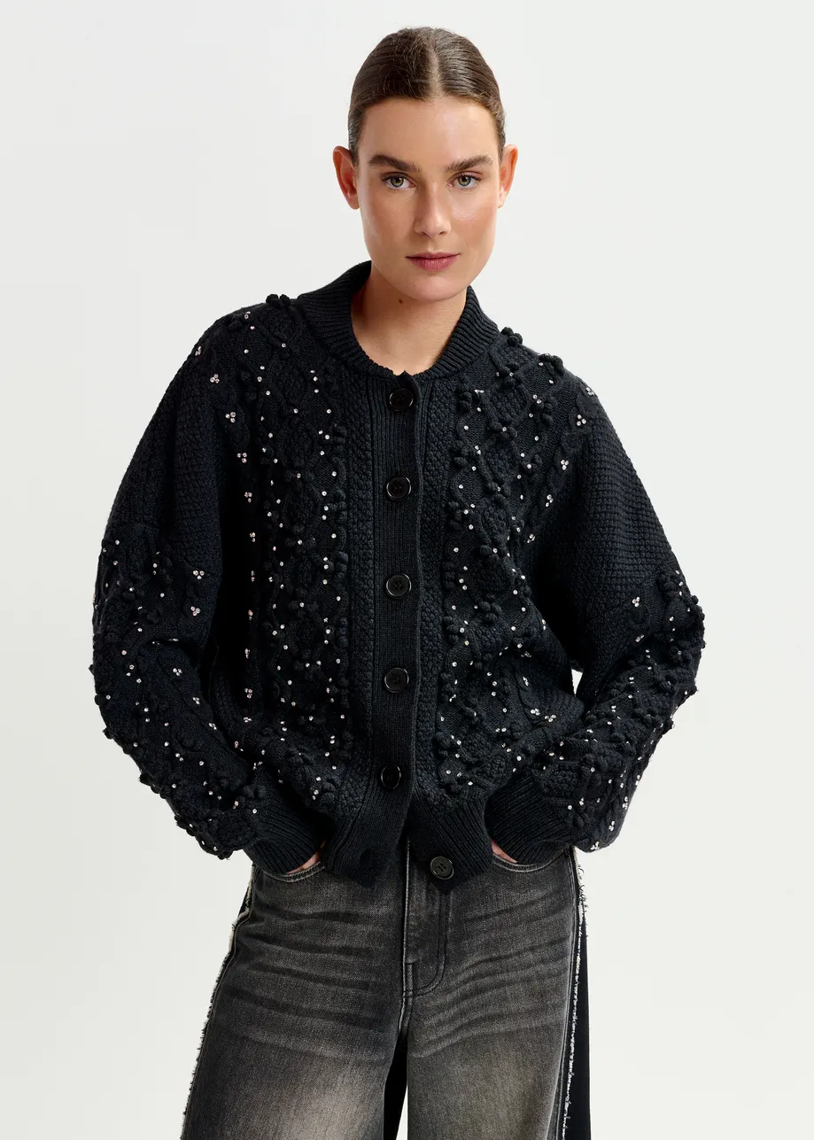 Black cable-knit wool-blend cardigan with rhinestone embellishments