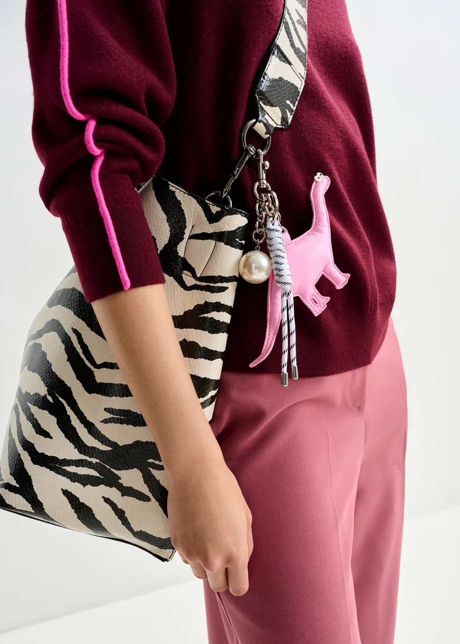 Pink, white and blue faux leather dino and pearl bag charm
