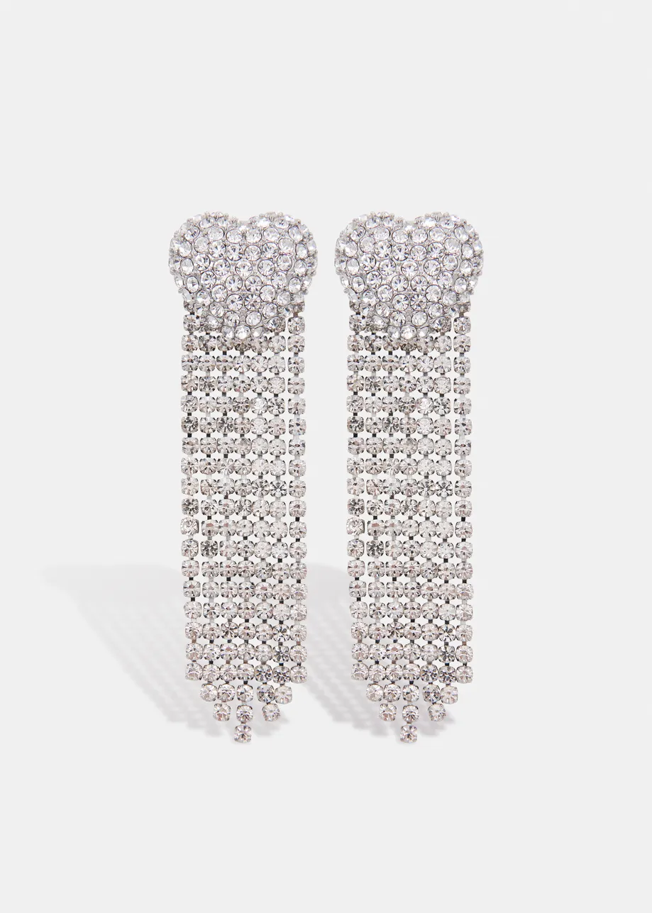 Silver heart-shaped rhinestone drop earrings