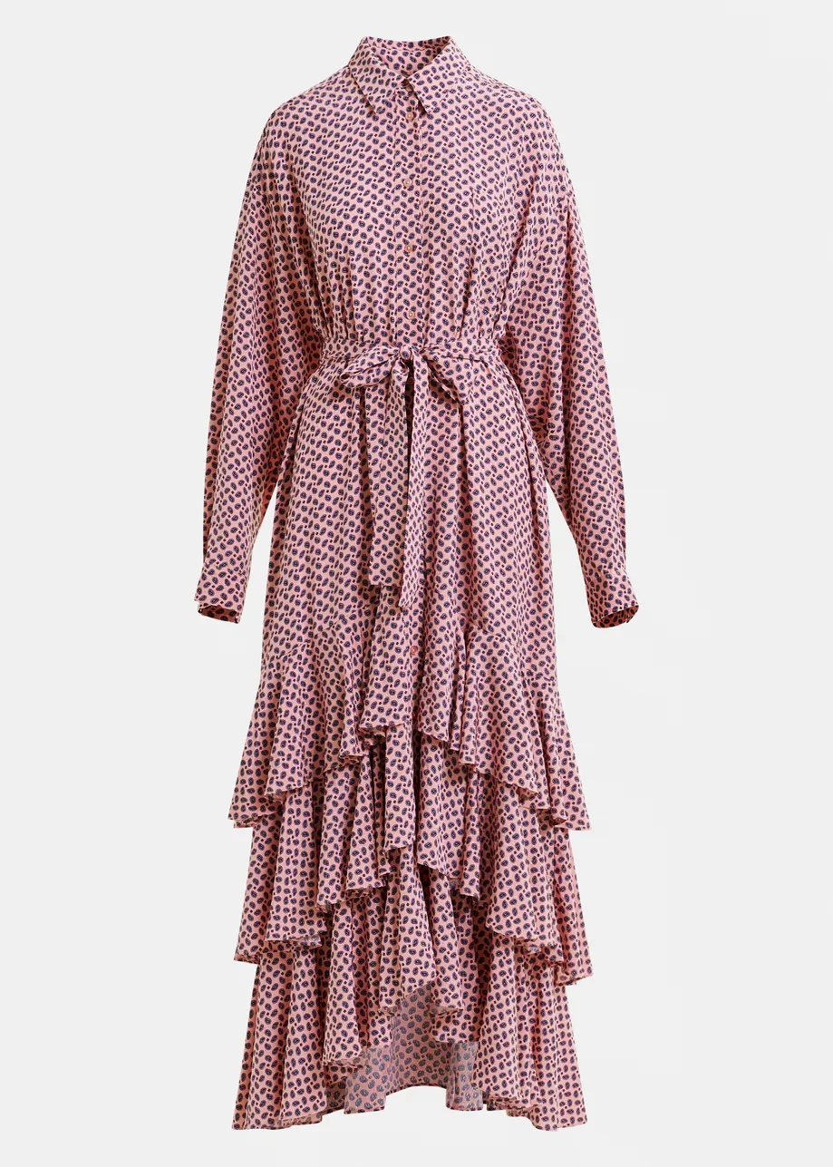 Dusty pink, purple and green oversized printed maxi shirt dress with ruffled hemline
