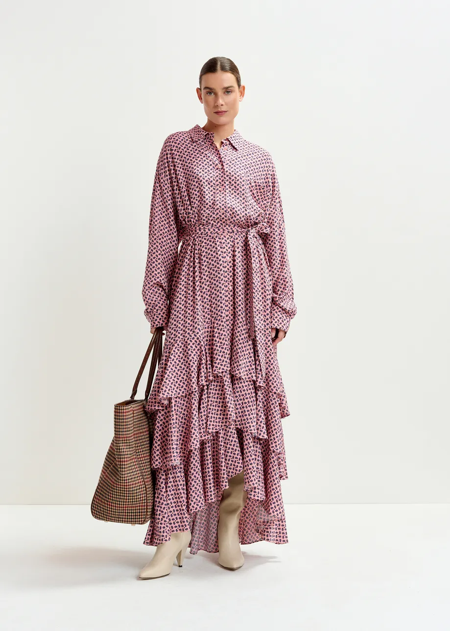 Dusty pink, purple and green oversized printed maxi shirt dress with ruffled hemline