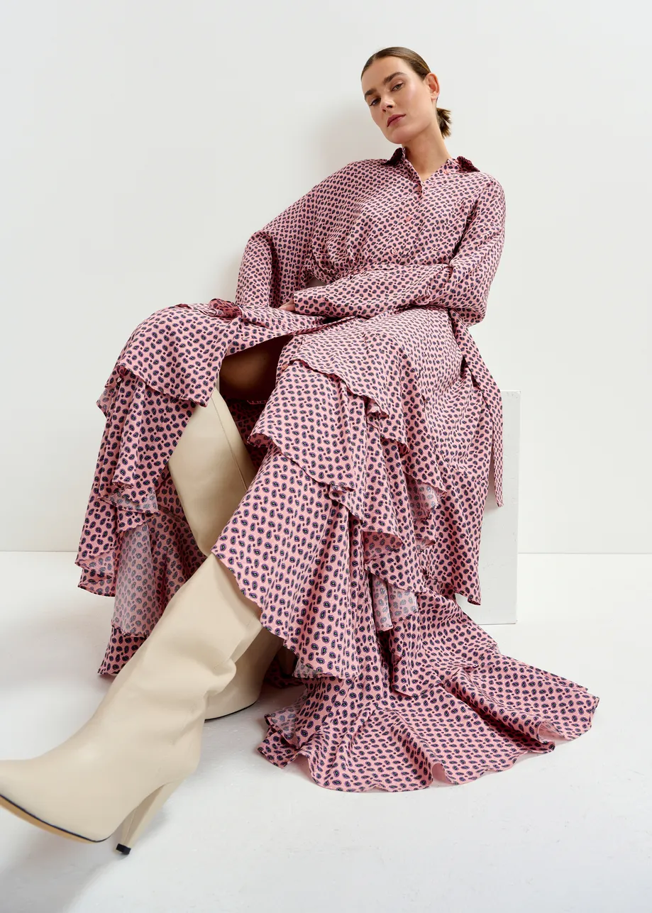 Dusty pink, purple and green oversized printed maxi shirt dress with ruffled hemline