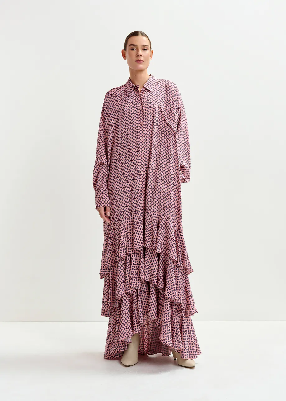 Dusty pink, purple and green oversized printed maxi shirt dress with ruffled hemline