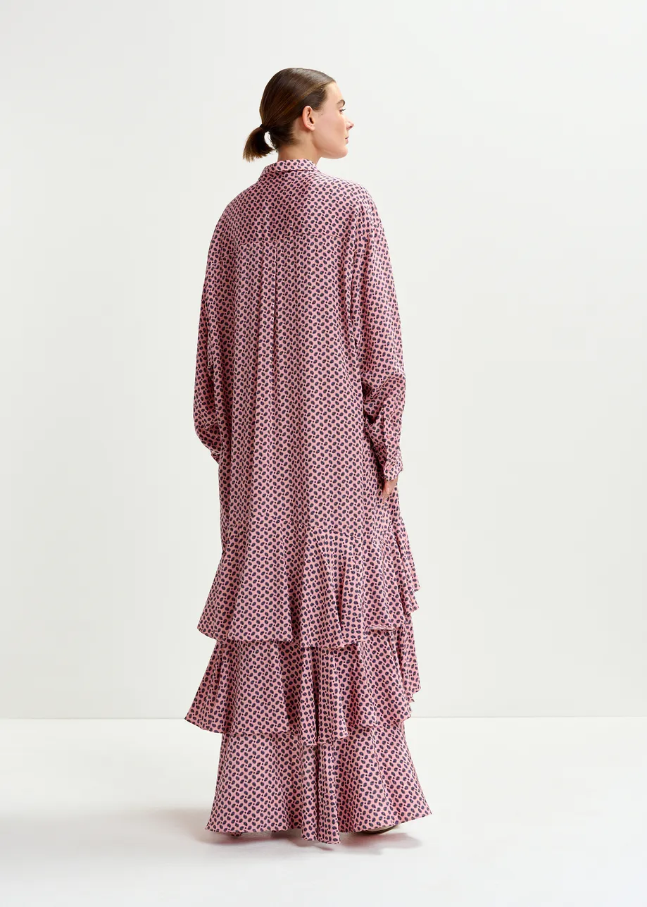 Dusty pink, purple and green oversized printed maxi shirt dress with ruffled hemline
