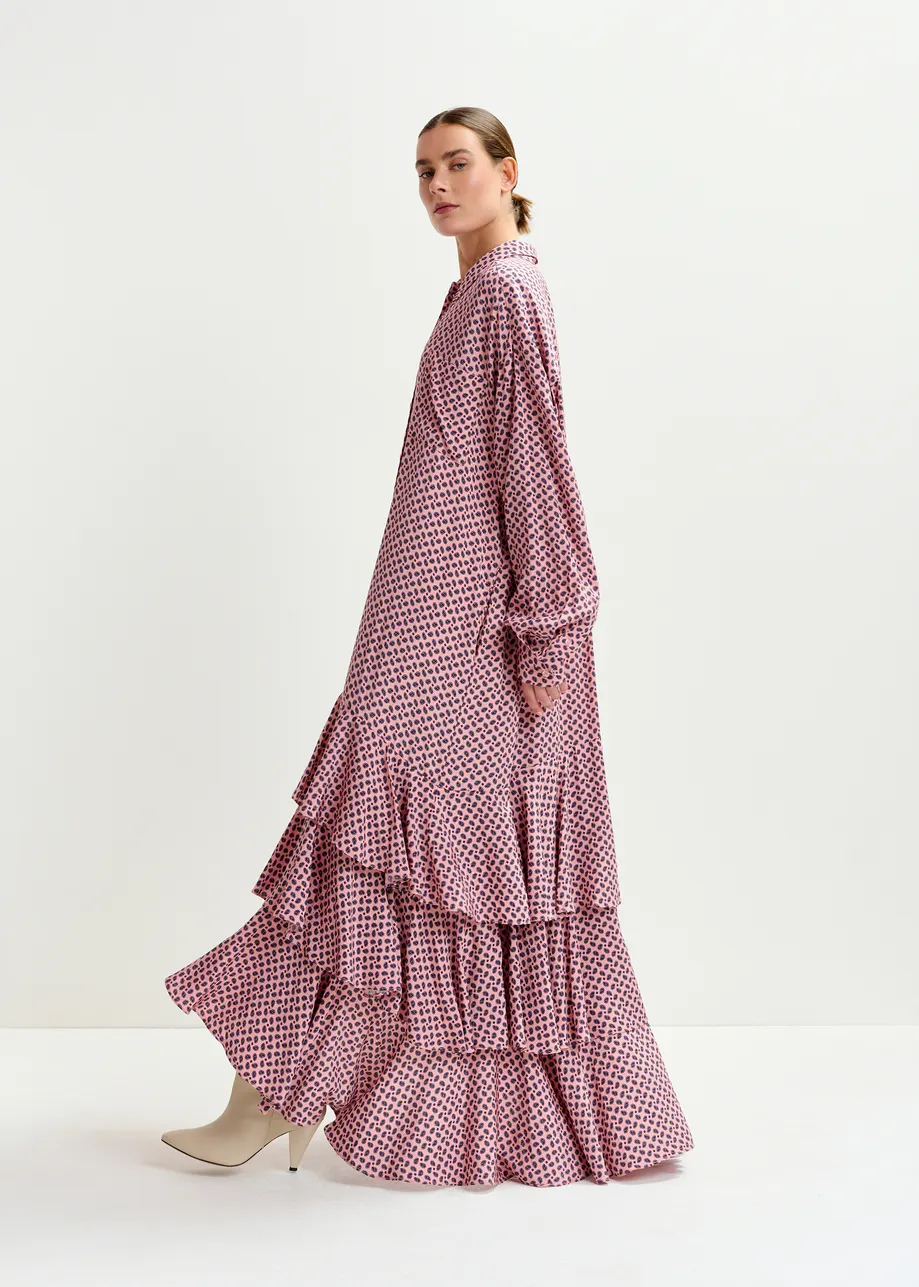 Dusty pink, purple and green oversized printed maxi shirt dress with ruffled hemline
