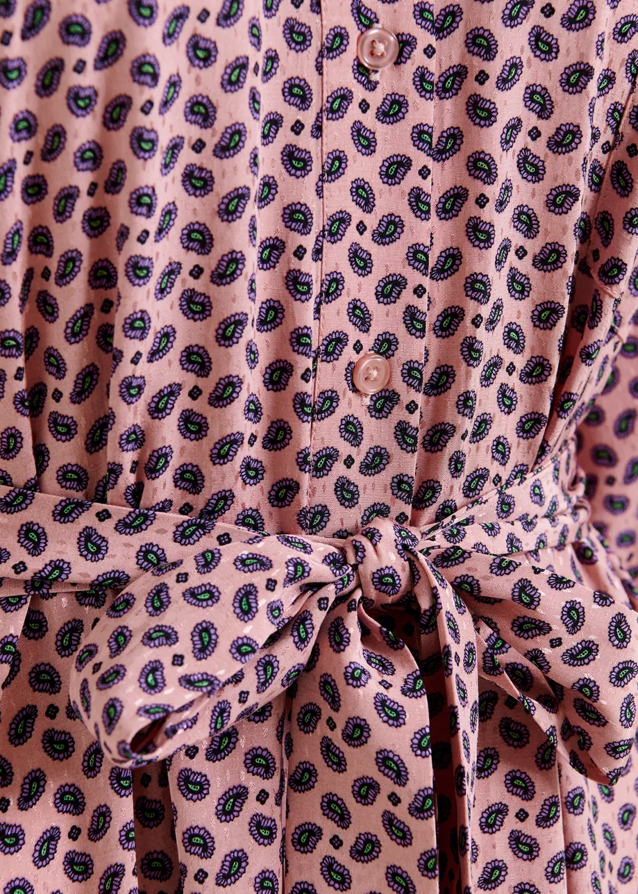 Dusty pink, purple and green oversized printed maxi shirt dress with ruffled hemline