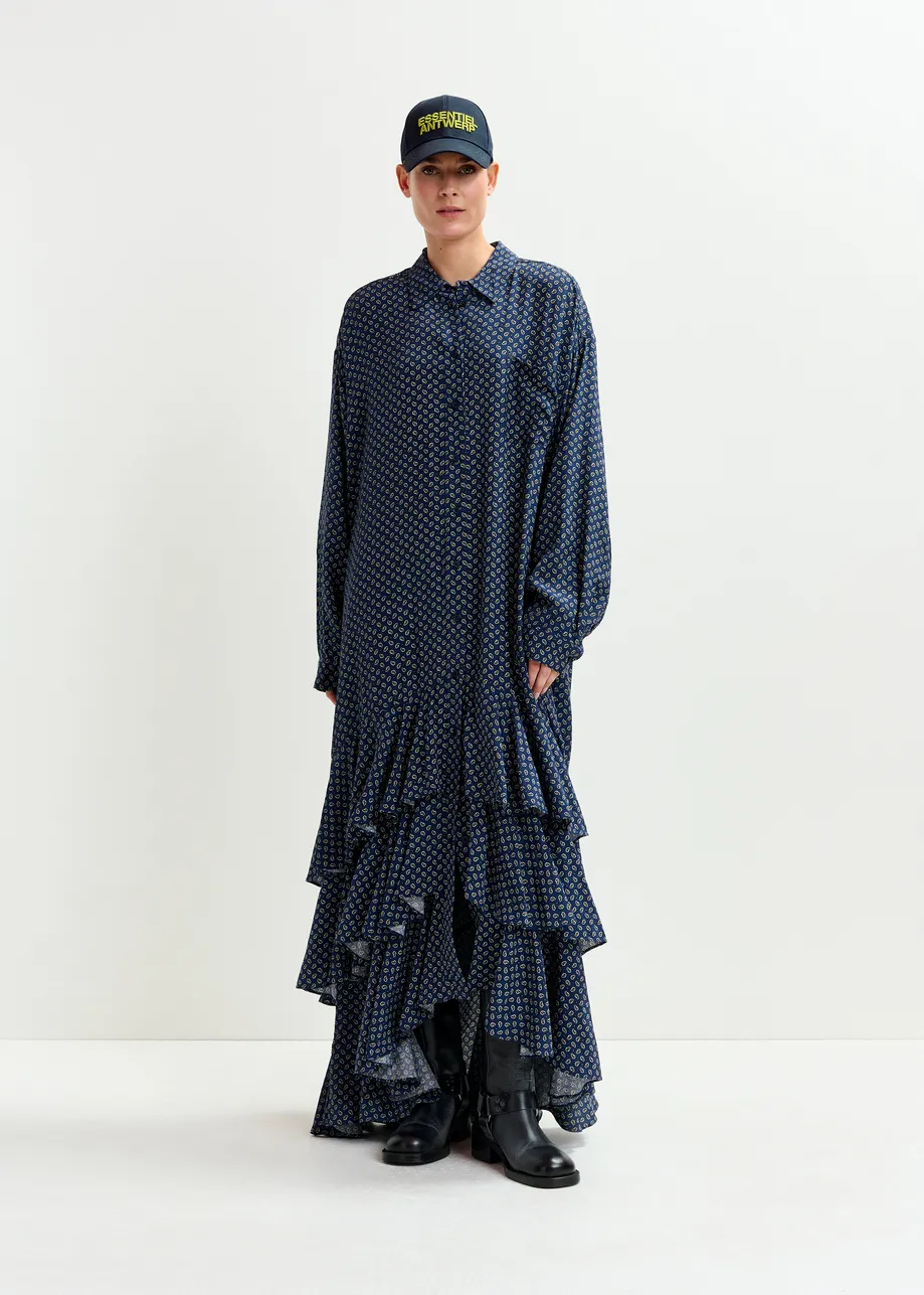 Navy, off-white and green oversized printed maxi shirt dress with ruffled hemline