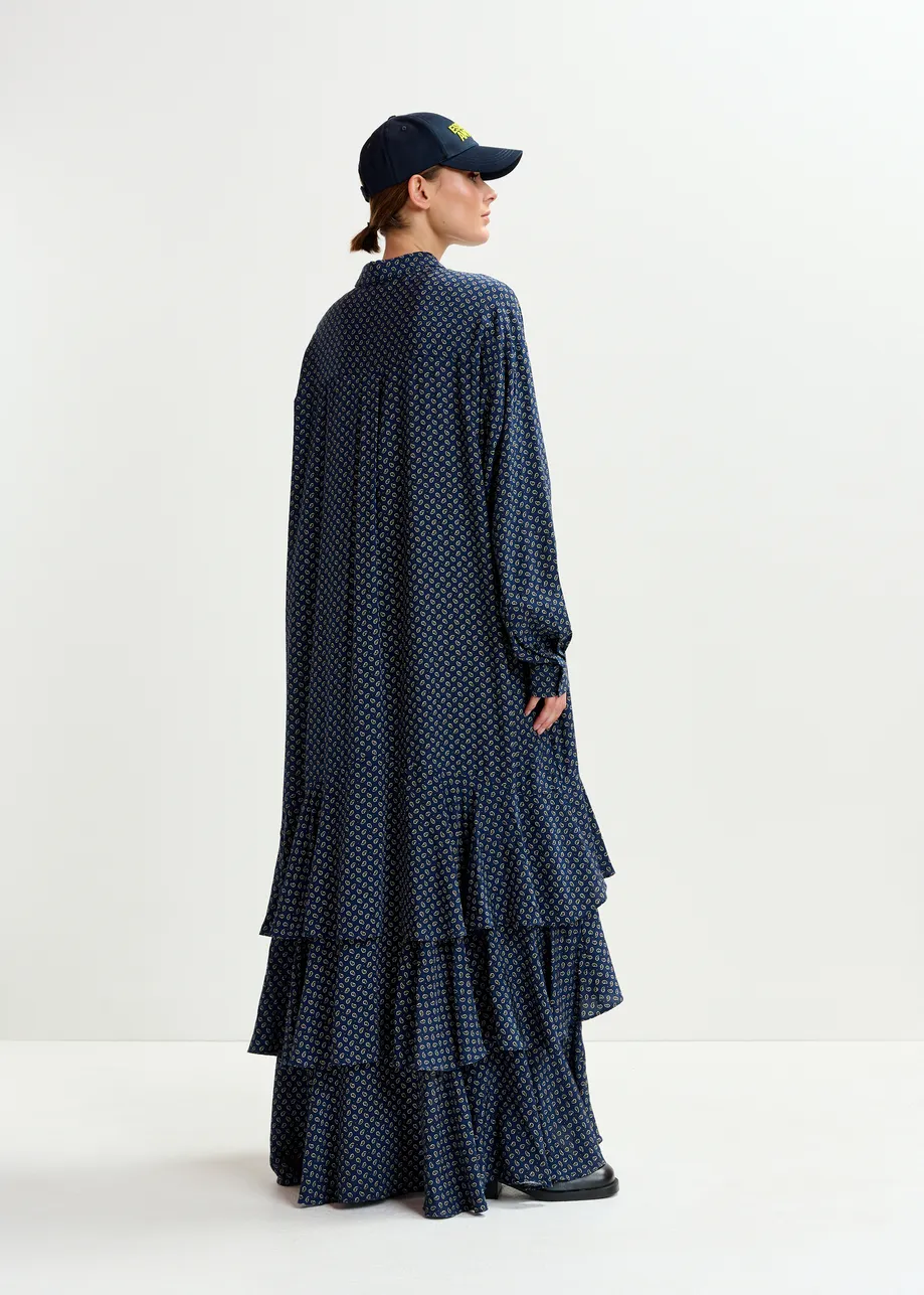 Navy, off-white and green oversized printed maxi shirt dress with ruffled hemline