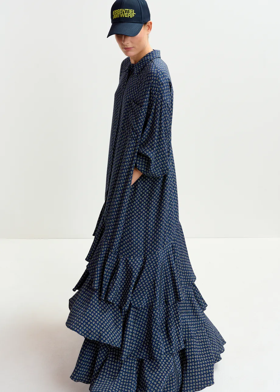 Navy, off-white and green oversized printed maxi shirt dress with ruffled hemline