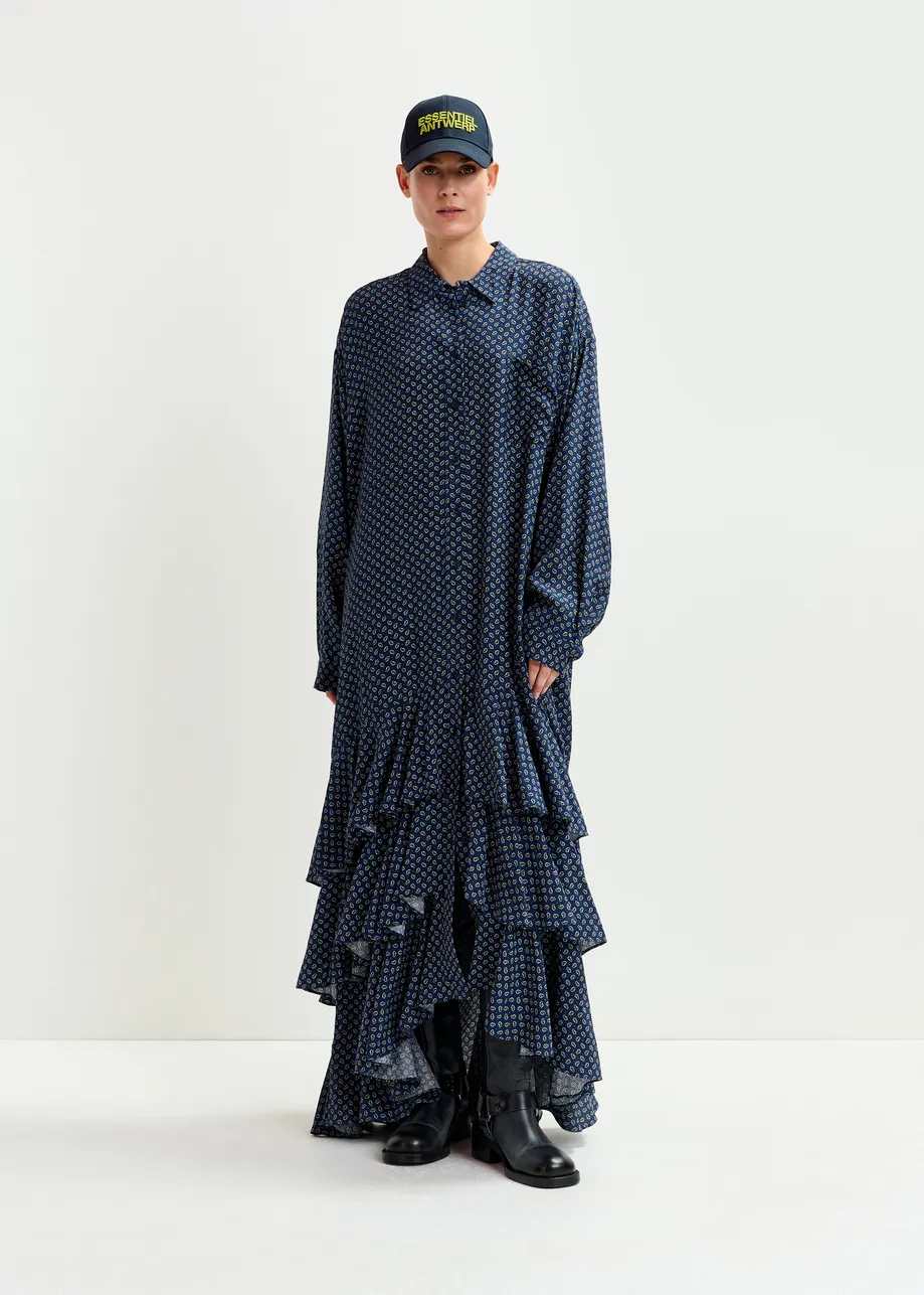 Marineblauwe, gebroken witte en groene oversized maxi-hemdjurk met volantzoom