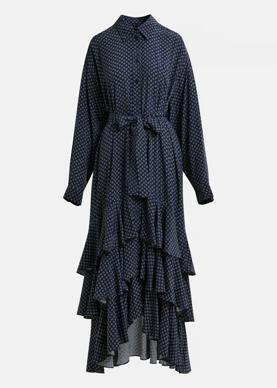 Navy, off-white and green oversized printed maxi shirt dress with ruffled hemline