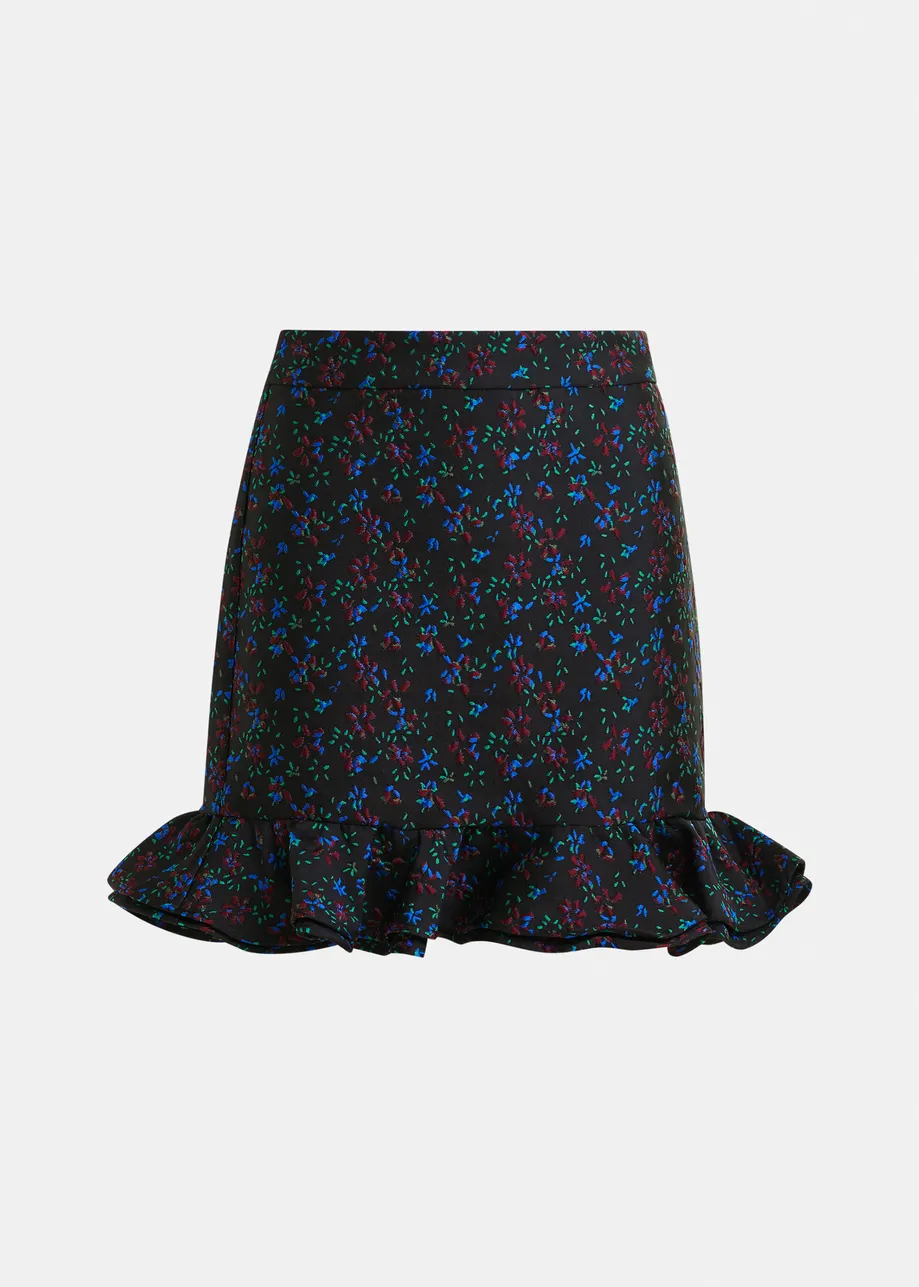 Black, blue and red floral ruffled mini skirt