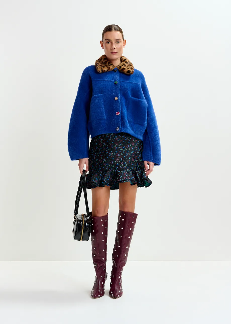 Black, blue and red floral ruffled mini skirt