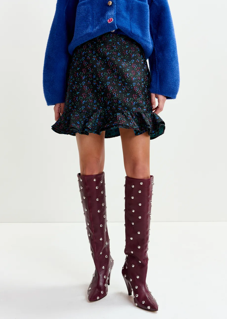 Black, blue and red floral ruffled mini skirt