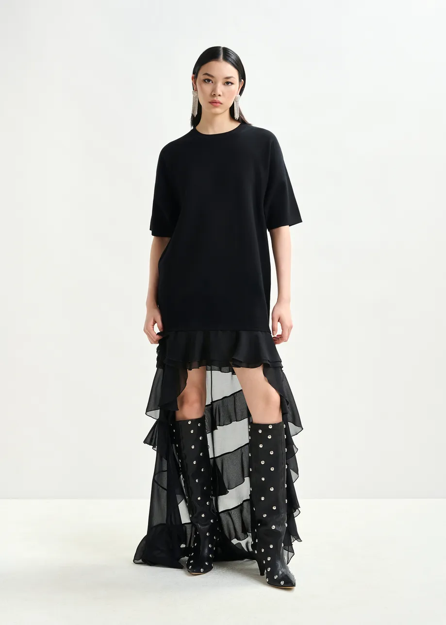 Black knitted dress with sheer layered hemline