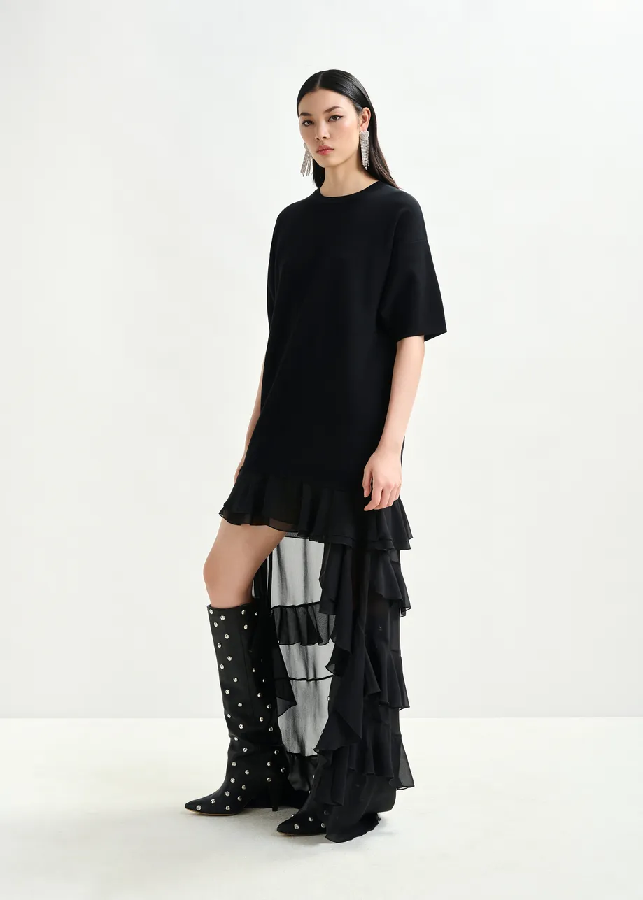Black knitted dress with sheer layered hemline