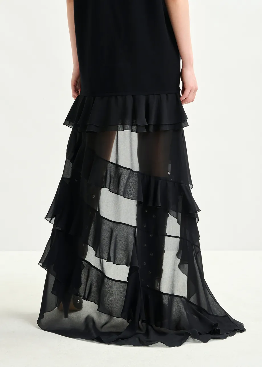 Black knitted dress with sheer layered hemline