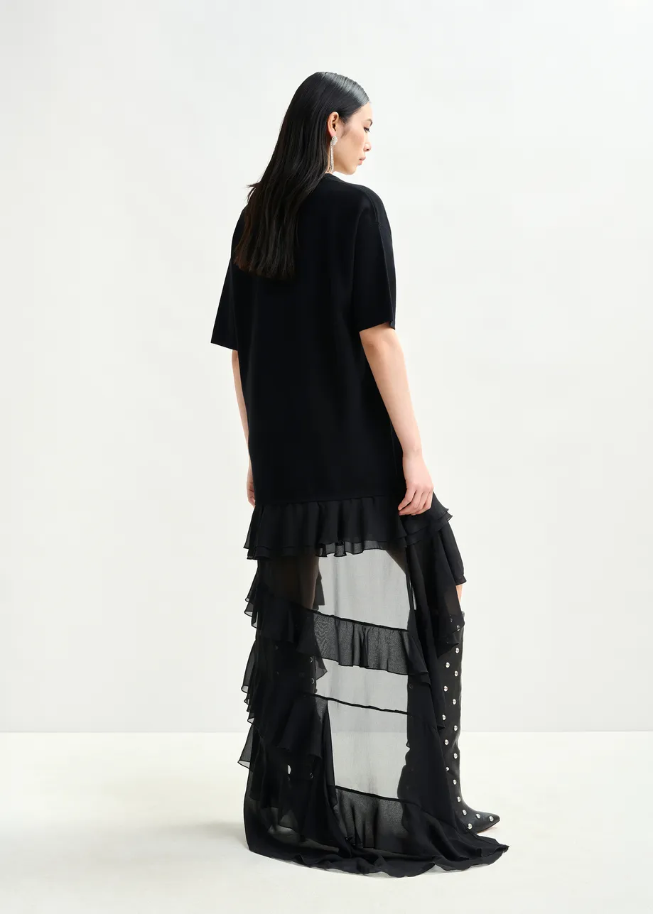 Black knitted dress with sheer layered hemline