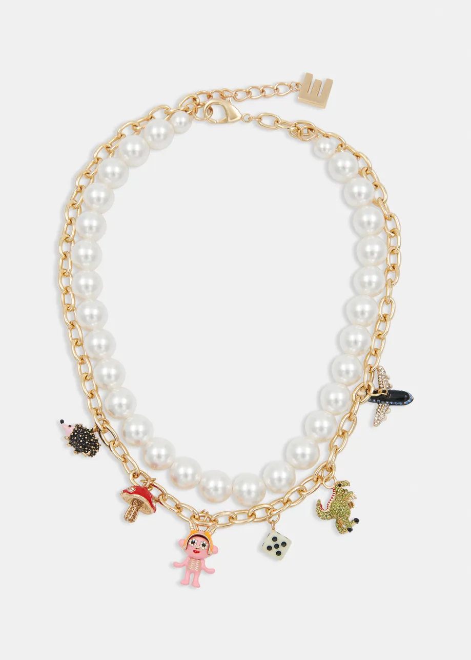 Gold and off-white double-strand necklace with pearls &  charm pendants