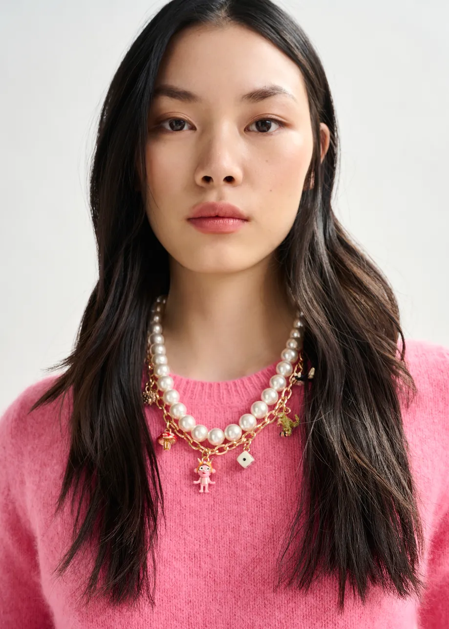Gold and off-white double-strand necklace with pearls &  charm pendants