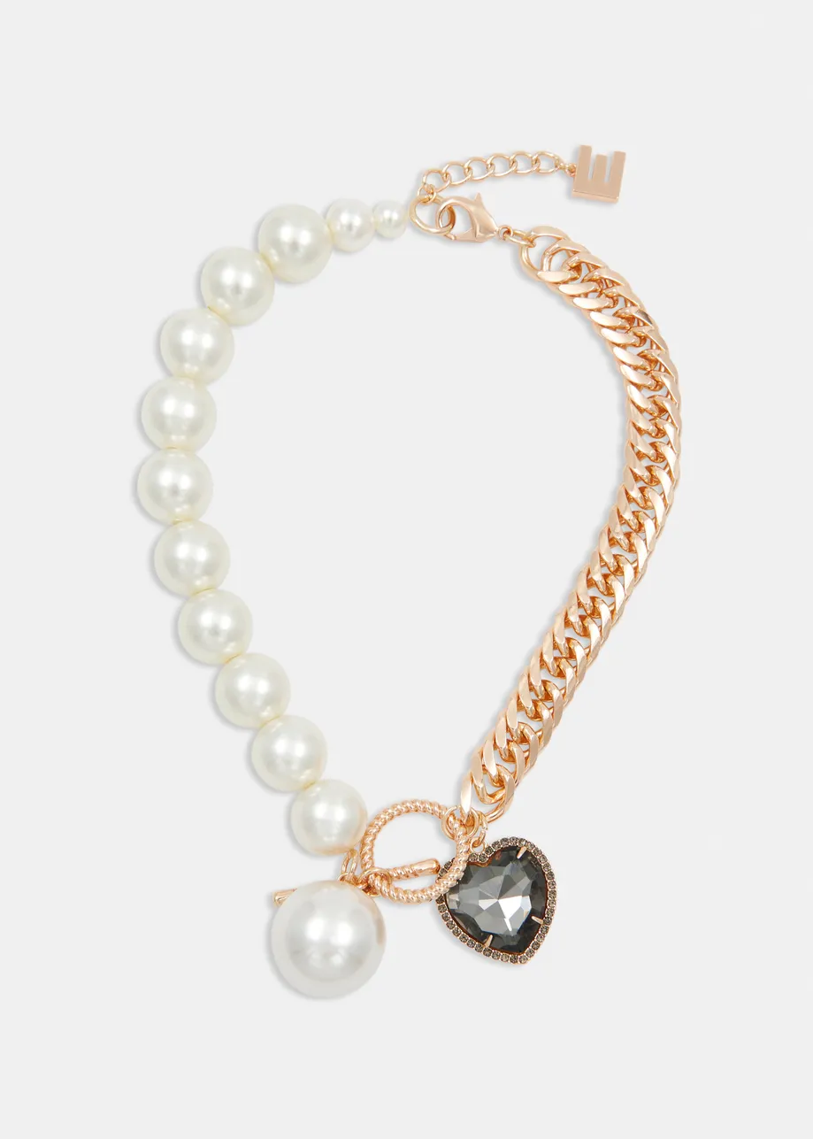 Gold and off-white mixed pearl & chain necklace with heart and pearl charms