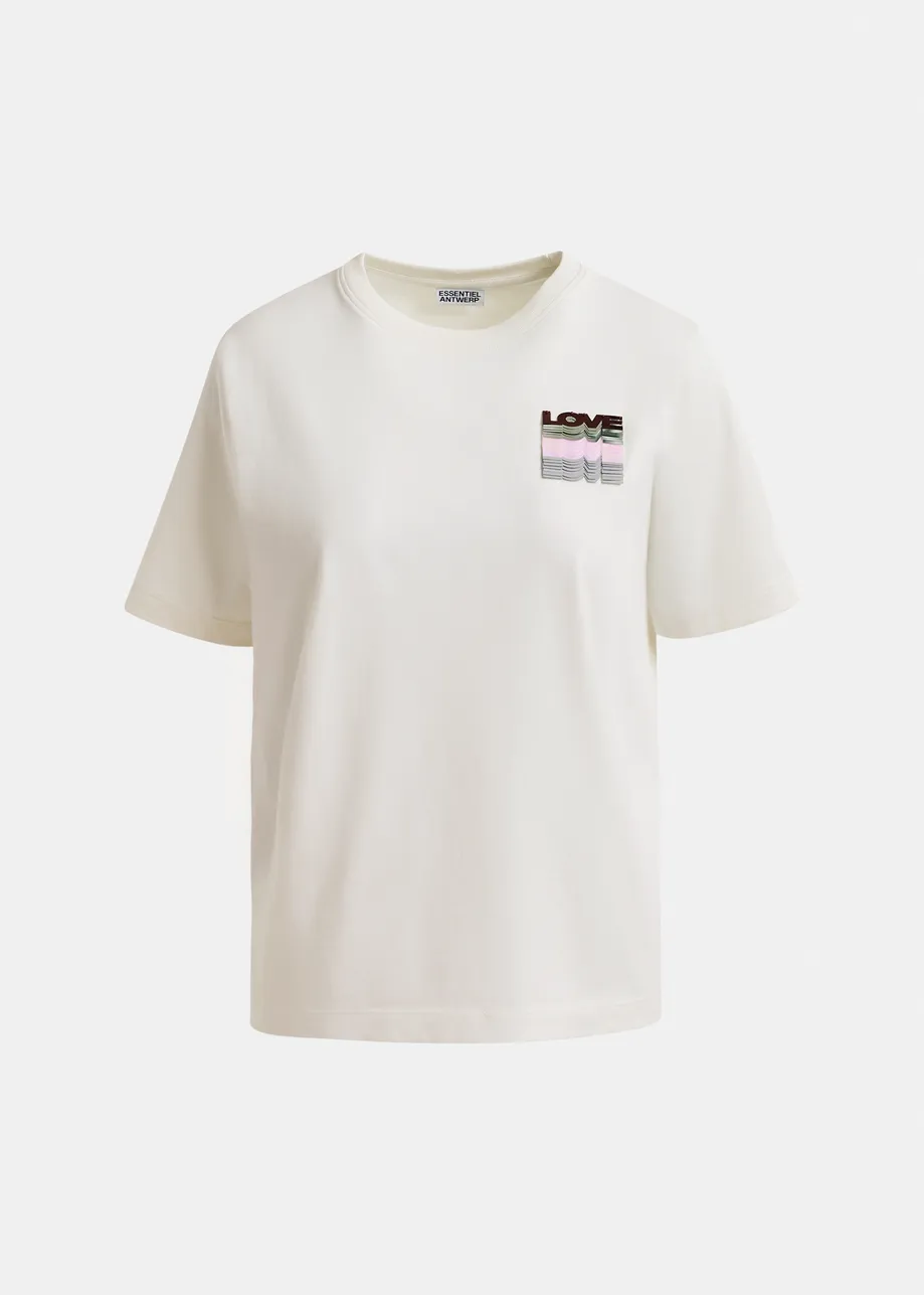 Off-white and multicolor cotton T-shirt with sequin embroidery