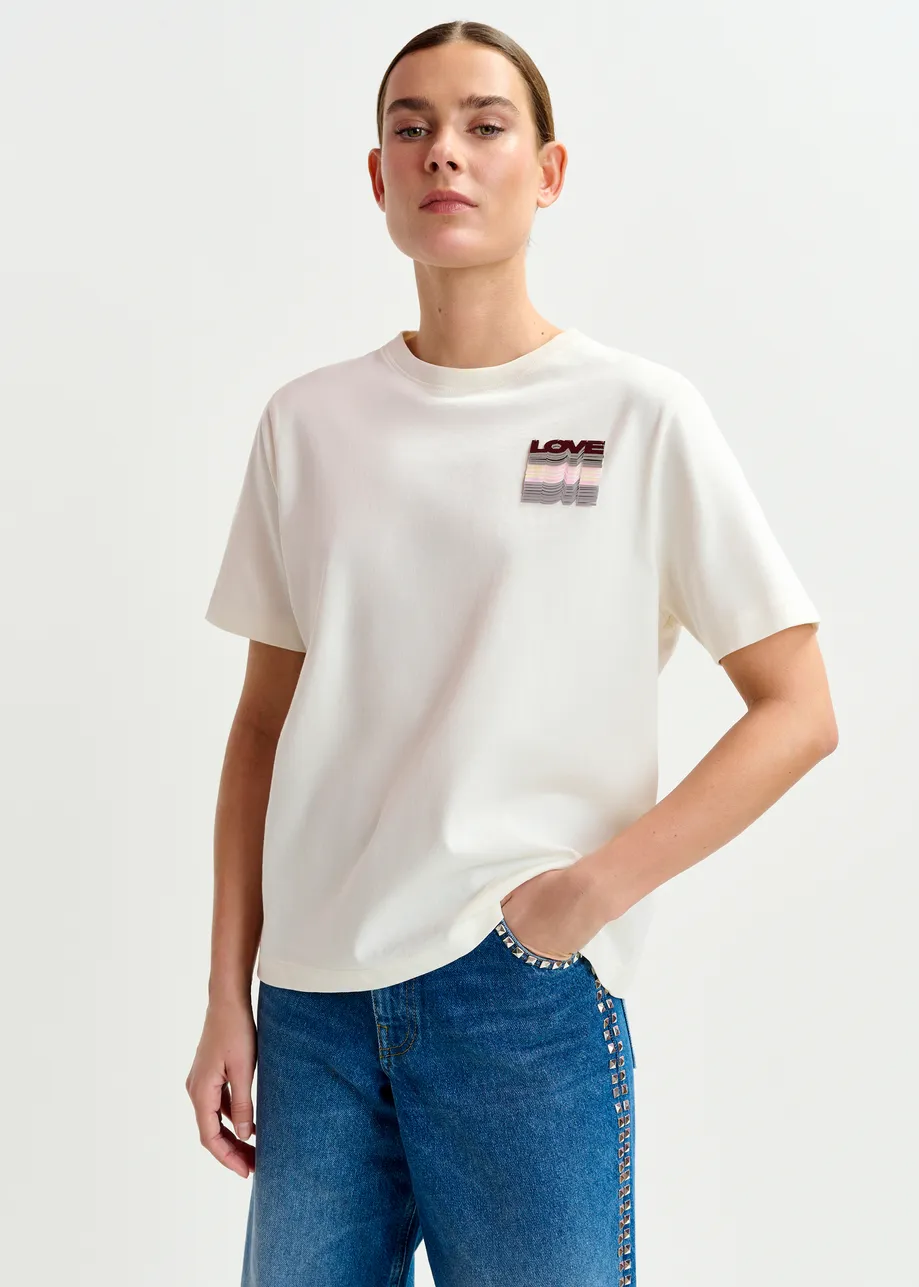 Off-white and multicolor cotton T-shirt with sequin embroidery