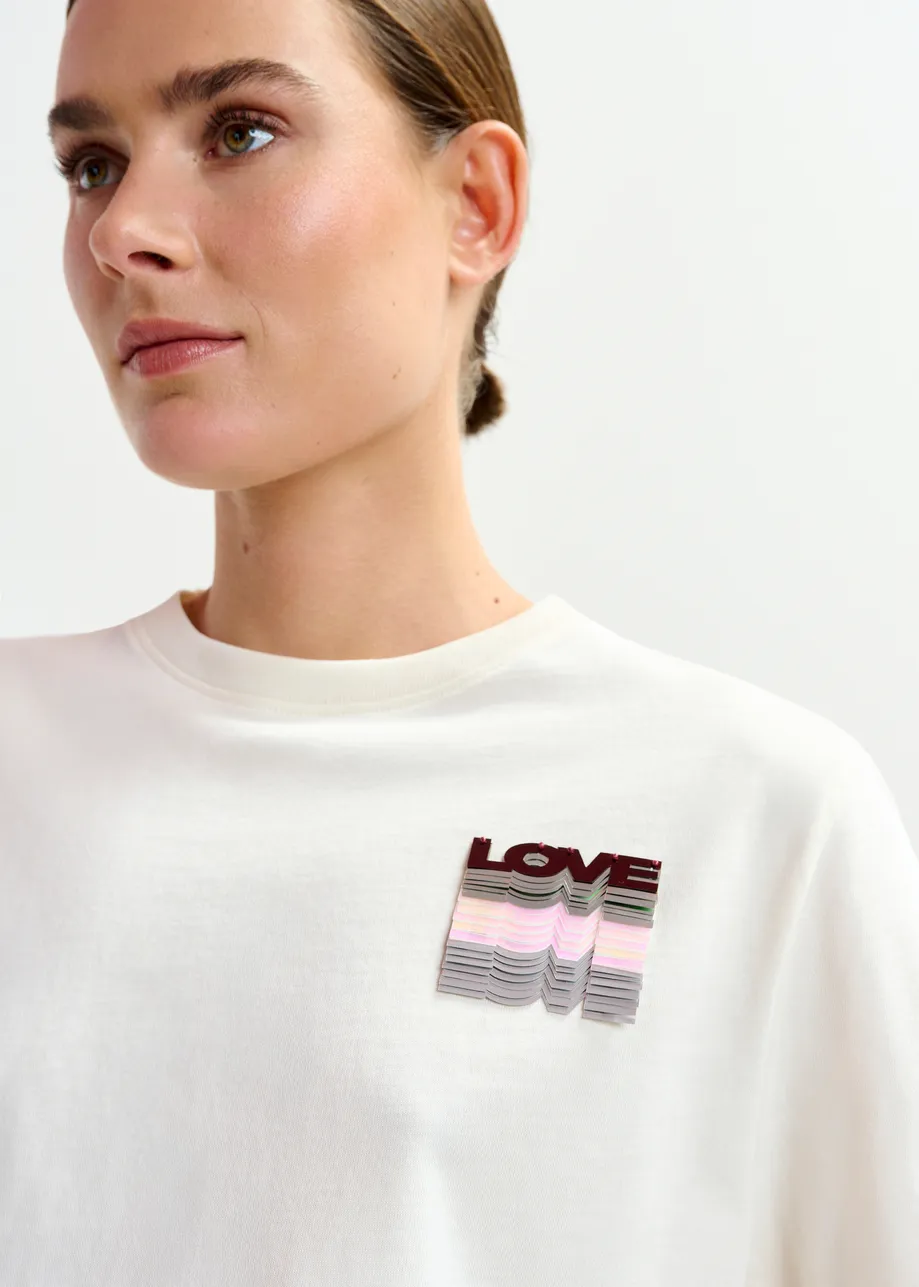 Off-white and multicolor cotton T-shirt with sequin embroidery