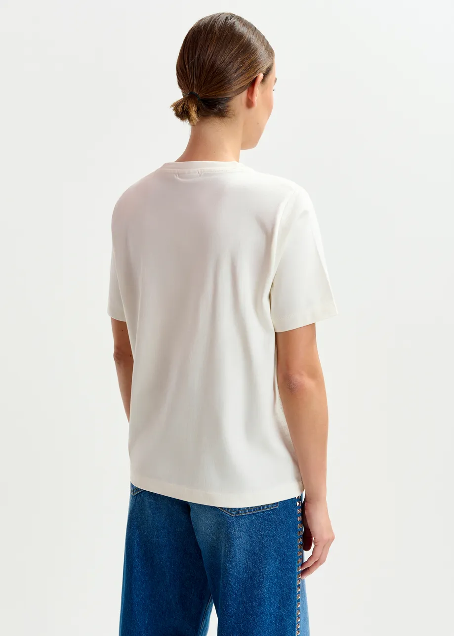 Off-white and multicolor cotton T-shirt with sequin embroidery